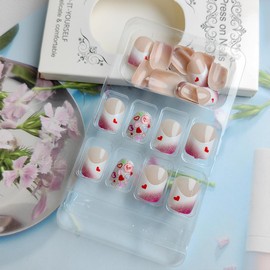 24Pcs Valentine's Day Nails French Tip Press on Nails Short Fake Nails Cute Heart Press ons Glitter Pink Square False Nails Wedding Stick on Nails Heart Acrylic Nails for Women Valentines Daily Wear