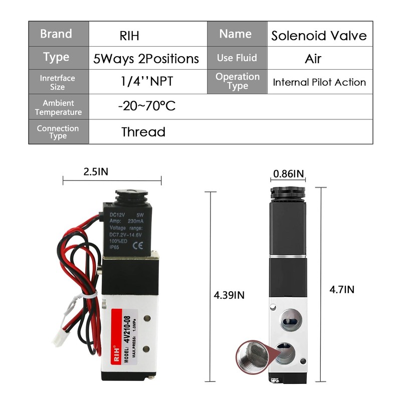 RIH Pneumatics Solenoid Valve 1/4"NPT DC12V Single Coil Pilot-Operated Electric