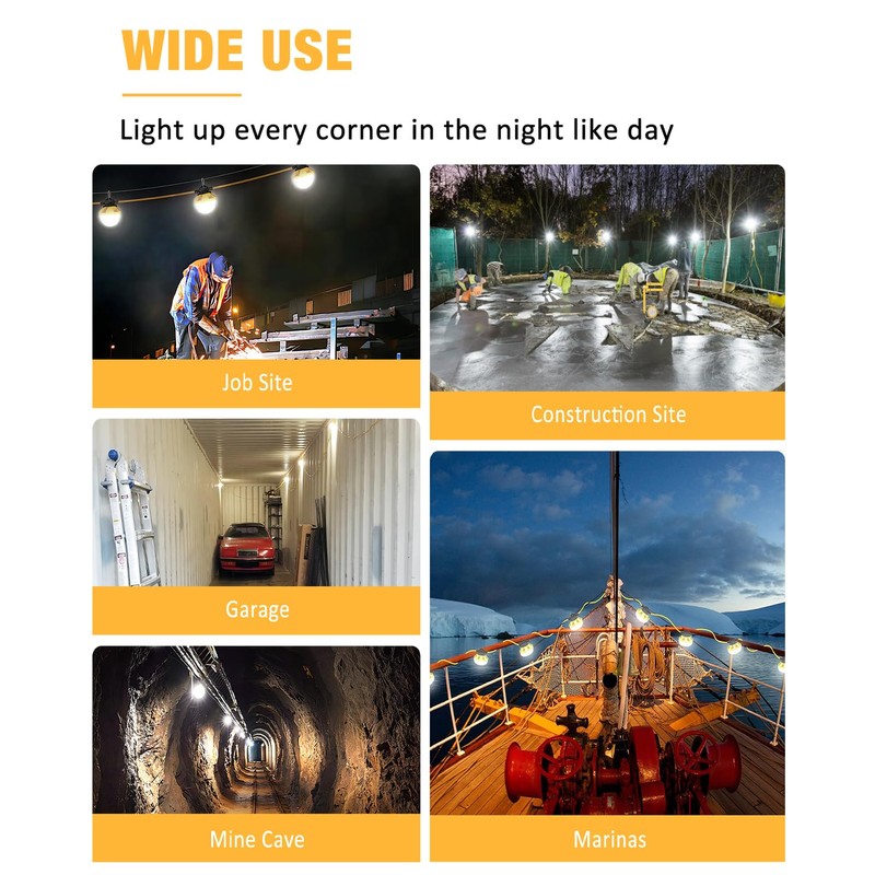 JC-LGL 100FT Construction String Light 130W 16000Lm, 5000K Industrial Grade