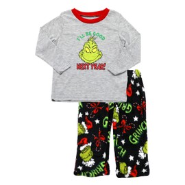 Dr. Seuss Grinch Pajamas - Family Christmas Pajamas Set, Matching Grinch Toddler PJs Top & Pant Sleepwear Set, Grey/Black, 2T