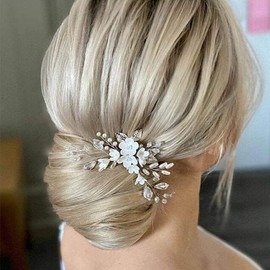 Edary Bridal Wedding Hair Pins Silver Flower Hair Clips Pearls Bridal Headpiece Leaf Hair Accessories for Women and Girls