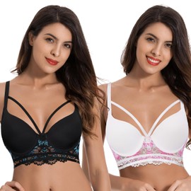 Curve Muse Women's Lightly Padded Plus Size Full Coverage Underwire Lace Bra 2PK, Cream/Fuchsia, Black/Blue (Pack of 2)