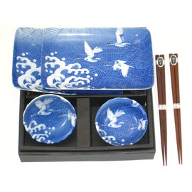 Made in Japan SET of 4 Japanese Sushi Sashimi Dinnerware Set w/ Chopsticks Crane Made in Japan