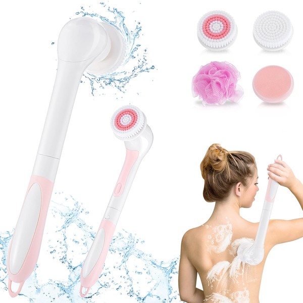 Color You Electric Body Brush Back Scrubber Long Handle Bath Brush Rechargeable Silicone Body Scrubber Waterproof Shower Brush for Body Deep Cleaning Bath Brush with 4 Spin Brush Heads