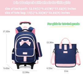MITOWERMI Rolling Backpack for Girls 3Pcs Elementary School Bag Cute Bowknot Backpack with Wheels Girls Bookbags with Handbag Trolley Bags Kids Carry-On Luggage