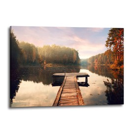 Inpraradiso Nature Canvas Wall Art Decor: Lake Pier Landscape Picture Forest Tree Scenic Painting Panoramic Fall Scene Print Artwork for Bedroom Bathroom