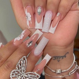 Hkanlre Bling Press on Nails Tips Ballerina Long Fake Pink Nails Full Cover Rhinestones Coffin False Nails for Women and Girls 24PCS