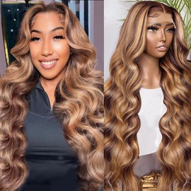selamun 28 Inch Ombre Lace Front Wig Human Hair Pre Plucked 4/27 Highlight Lace Front Wig Human Hair Colored 180% Density Body Wave Glueless Wigs Human Hair