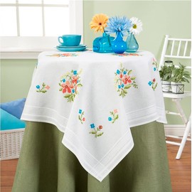 DECO-LINE Spring Flowers Printed Tablecloth Embroidery KIT, White, 80 X 80 cm