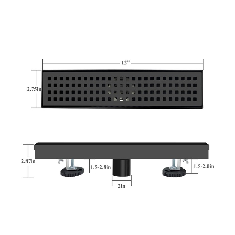 TECFORG 12 Inch Black Rectangular Shower Drain with Removable Quadrato