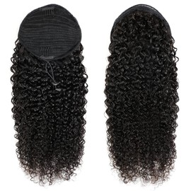 Adette 24 Inches Curly Ponytails Human Hair Drawstring Ponytail Extension Kinky Curly Clip in Pony Tail Hair Extensions Hair Pieces for Black Women Natural Black
