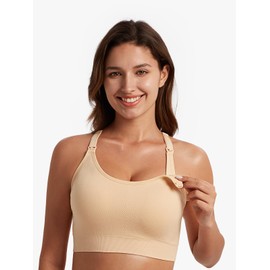 Angelhood Nursing Bras for Breastfeeding, Seamless Nursing Sports Bra Medium Impact Support Maternity Bras for Pregnancy, L Beige