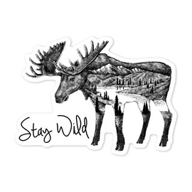 Die Cut Sticker Stay Wild, Moose and Mountains, Double Exposure Vinyl Sticker 1 to 3 inches (Waterproof Decal for Cars, Water Bottles, Laptops, Coolers), Small