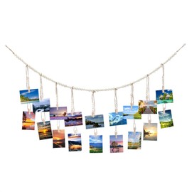 DOMORA HOME Hanging Photo Display Macrame Boho Wall Decor, Wooden Bead Garland with 18 Photo Clips, Collage Picture Frame Photo Holders for Nursery Room Dorm Bedroom Wall Decor (Nature)