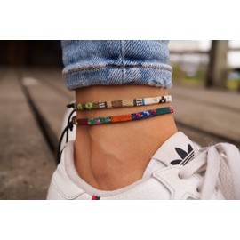 2x Boho Surfer Anklet Unisex - Ethno Ankle Bracelet Set of 2 Women & Men - Handmade Beach Jewellery & Festival Accessories - Waterproof & Adjustable - Thin String Rope Anklet - U (Safari & Ethnic)