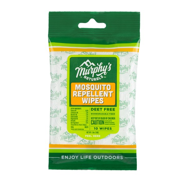 Murphy's Naturals Mosquito Repellent Wipes | DEET Free | Made with Plant Based Essential Oils | Includes Citronella + Lemongrass | Easy to Use | Great for Family | Travel Sized | 10 Wipes