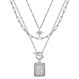 14K Gold Plated Layered Initial Necklaces for Women Trendy, Simple Square A-Z Letter N Necklace, Paperclip Chain Necklace, Initial Choker Necklace Silver Layered Necklaces Jewelry for Women