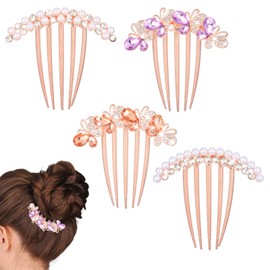 Pearl Rhinestones Hair Accessories 4 Pieces Crystals Butterfly Flower Hair Pin Hairs Fork Clips for Updo Buns Luxury Glitter Sparkly Jewelry Gems Decorative Metal Hairs Side Combs with Teeth - Sparkly
