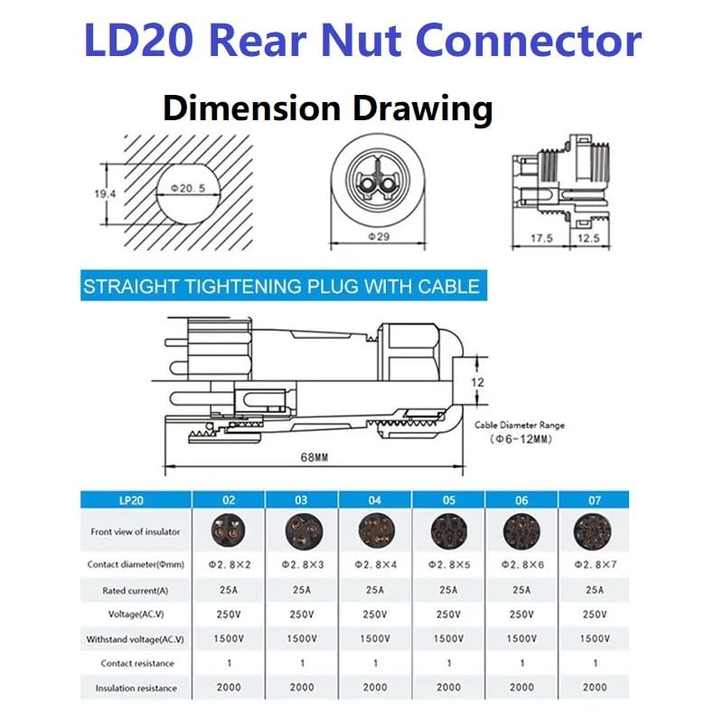 MiJunHD No Soldering Screw Crimping LD20 Rear Nut Aviation Connector,