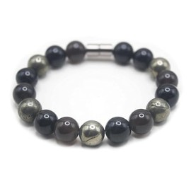 10mm Beaded Bracelets for Men Women Healing Crystal Stone Bracelets Genuine Gemstone Jewelry Easy Lock Clasp (8.50, 01: Obsidian Pyrite Tourmaline)