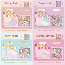 8 Sets DIY 3D Fun Mini House Sticker Scenes with Tweezers Make Your Own Bedroom Fitting Room Bakery Scene Stickers Cute Micro Room Craft Scrapbook Stickers for Relief Stress Pass The Time