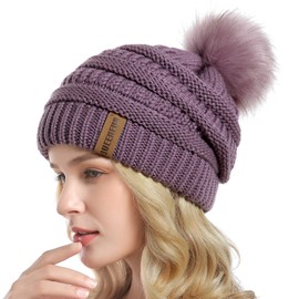 QUEENFUR Women Knit Slouchy Beanie Chunky Baggy Hat with Faux Fur Pompom Winter Soft Warm Ski Cap