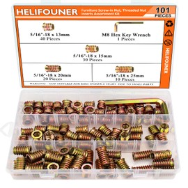 5/16-18 Threaded Inserts, Wood Inserts, Steel Threaded Inserts for Wood Furniture Screw, HELIFOUNER 100 Pieces 5/16"-18 x 13mm/15mm/20mm/25mm Threaded Inserts Kit with Hex Wrench