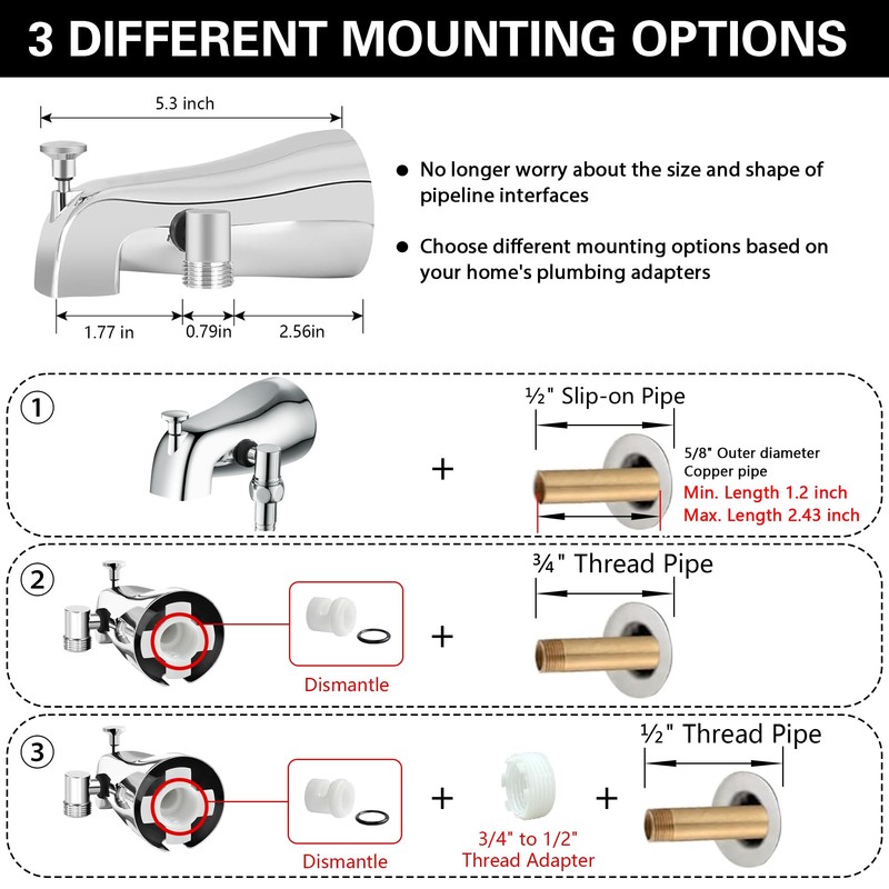 SUBEIXI Tub Spout with Diverter, Chrome High Pressure 10 Mode