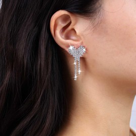 Atentuyi Rhinestone Tassel Heart Earrings Silver CZ Drop Bridal Earring Crystal Wedding Earrings Pave Diamond Heart Stud Earrings Long Chain Chandelier Earrings Jewellery for Women and Girls, Zinc