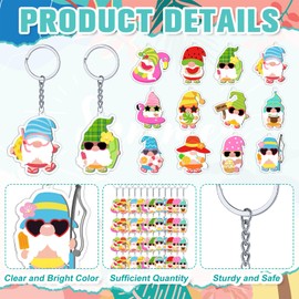 Trnayi 60 Pcs Summer Gnome Keychain Beach Gnome Charm Key Ring Acrylic Gnome Key Chain for Young Adults Birthday Gifts Decorations, 12 Styles