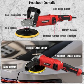 KITLUCK Buffer Polisher, 12Amp 6″/7″ Rotary Polisher for Car Detailing, 1400W 7 Variable Speed Car Buffer Polisher Machine, 800-3500RPM, with Foam Pad, Wool Pad For Car Polishing, Buffing, Waxing