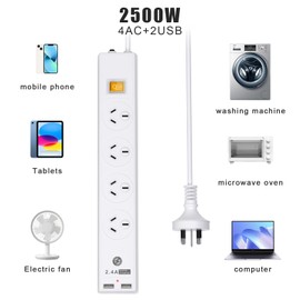HITRENDS Power Board with 1.5M Extension Cord, Power Strip Surge Protector - 4 Widely AC Outlets 2 USB, 240V/10A, Wall Mount for Home, Office, Travel