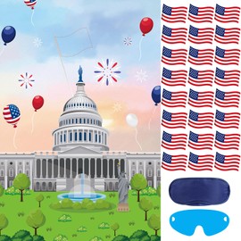 4th of July Party Decoration, Pin The Flag On The White House Game With 24 Pcs Flag Stickers, Large White House Poster for Kids Memorial Day Independence Day Patriotic Party Supplies