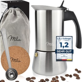 Milu Espresso Maker Suitable for Induction Hobs, 2/4/6 Cups, Stainless Steel Mocha Pot, Espresso Pot, Espresso Maker Set incl. Coaster, Spoon, Brush