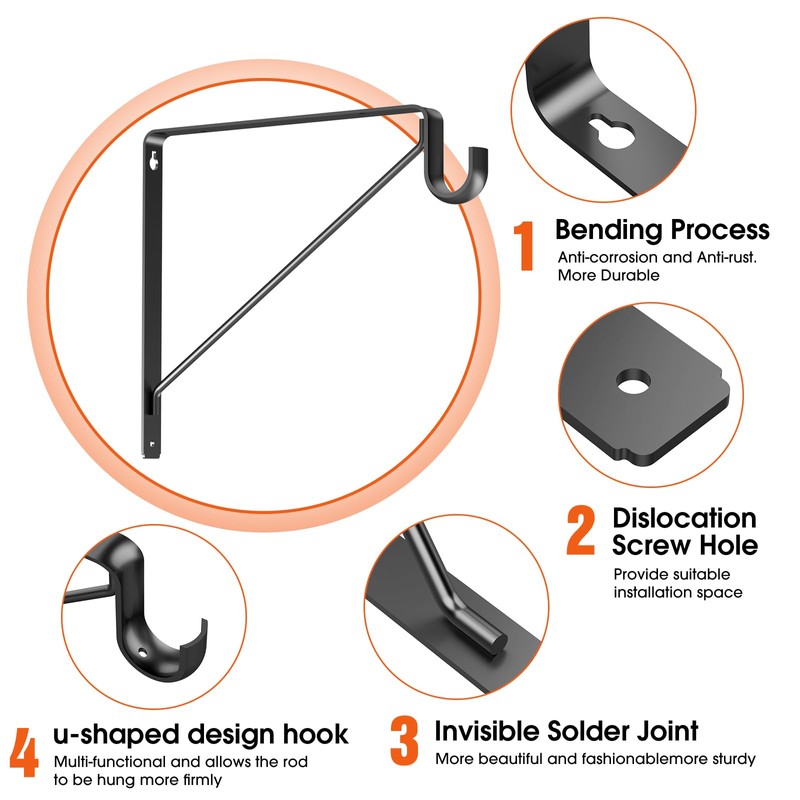 Pisman Closet Rod Bracket Black 10" 2PCS,Heavy Duty Shelf Brackets