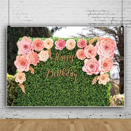 AOFOTO 7x5ft Art Studio Happy Birthday Greenery Backdrop Nature Green Leaves with Flowers Photography Spring Outdoorsy Theme Jungle Party Decor Newborn Baby Shower 1st Birthday Photo Studio Props