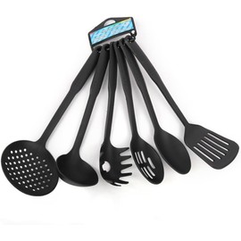 Sleek Style® Nylon Kitchen Utensil Set for Cooking 6Pcs Non-Stick Black 30cm Cooking Utensils, Slotted Spatula, Slotted Spoon, Spaghetti Server, Serving Spoon, Soup ladle, Spatulas