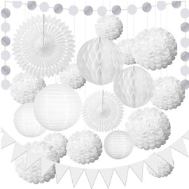 ANCLLO 20PCS White Paper Fan Lantern Set White Wedding Decoration Hanging Pom Pom Flowers Honeycomb Ball Pennant Banner For Bridal Shower Engagement Party Decoration