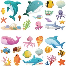 CRASPIRE Ocean Life Cartoon Window Decal 8 Sheets Adhesive Waterproof PVC Wall Stickers Whales Seaweed Conch Octopus Decor Clings Peel and Stick for Bedroom Nursery Living Room Bath School Office
