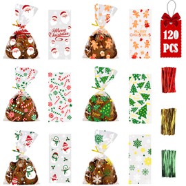 DIYDEC 120pcs Christmas Cellophane Candy Bags, Xmas Clear Treat Sweet Goody Bags with Twist Tie for Christmas Party Supplies