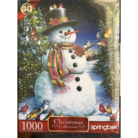 SPRINGBOK  FEATHERED FRIENDS 1000 PC PUZZLE SNOWMAN IN HAT SCARF BIRDS TREE NEW