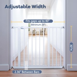 VaVaSoo Baby Gate 29-40 Inch for Stair Safety Gates for Toddlers Stairs Door Gate for Babies Room Pressure Mounted Stairs for Kids Pet Gates for Dogs Indoor with Door Child Gate for Doorways, White
