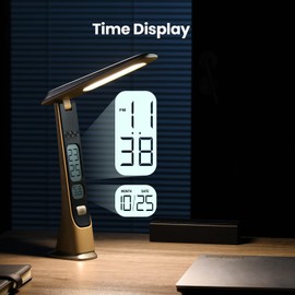 Morwealth Rechargeable Cordless LED Desk lamp, dimmable Table lamp with Battery and Digital Clock Stepless Brightness Foldable Portable Lights for Home,Reading,Office