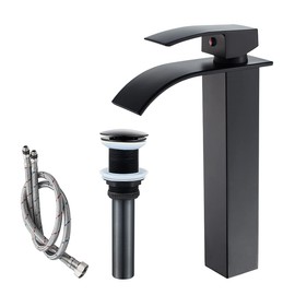 VOTON Vessel Sink Faucet Matte Black Modern Tall Waterfall Bathroom Sink Faucet with Pop-Up Drain Single Handle Bathroom Faucet 1 Hole Bowl Lavatory Vanity Faucet, Rv Sink Camper Farmhouse Faucet