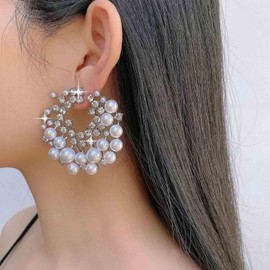 Jugielu Boho Pearl Cluster Earrings Silver Cz Pearl Drop Earrings Exaggerated Rhinestone Hoop Earrings Pearl Dangle Statement Earrings Large Round Hollow Crystal Earrings Jewelry for Women
