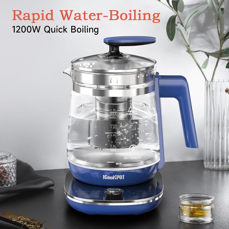 ICOOKPOT Hot Glass Electric Kettle with Tea Infuser and Temp