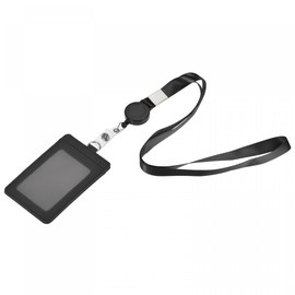 sourcing map Badge Holder 11cm Vertical PU Leather ID Holder with 2 Card Slots and Retractable Neck Lanyard Black for ID Name Tag Access Card