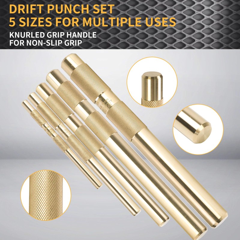 5-Piece Brass Punch Set, Removing Repair Tool, 1/4", 3/8", 1/2",
