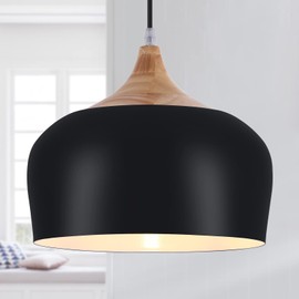 POLITAMP Modern Pendant Lights,Wooden Dome Pendant Light Fixture,Adjustable Hanging Pendant Lighting Lamp for Kitchen Island,Dining Room,Living Room,Bedroom(Black)