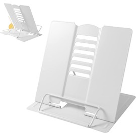 Soporte de metal ajustable para libros, atril de lectura portátil multifuncional de metal con 6 niveles ajustables, libro de recetas, libros de texto y soportes de lectura (Blanco)